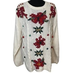 Shenanigans Vintage Hand Knitted Christmas Chunky Sweater Floral Holiday Knit L